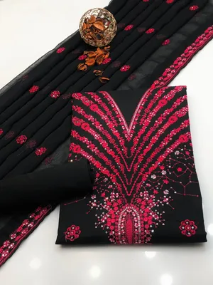 Black Embroidered 3-Piece Women's Suit for Eid Party Wear thumbnail 2