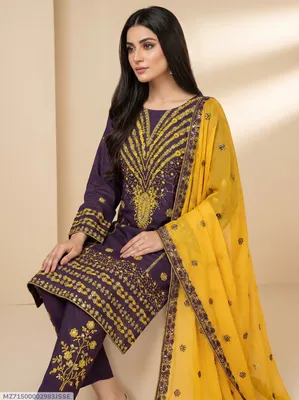 Purple Embroidered 3-Piece Women's Suit for Eid Party Wear thumbnail 1