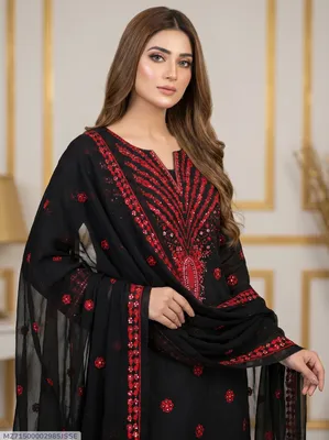 Black Embroidered 3-Piece Women's Suit for Eid Party Wear thumbnail 1