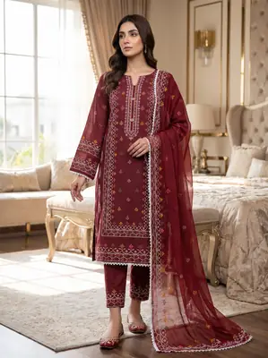 3 Pcs Women's Unstitched Embroidered Suit