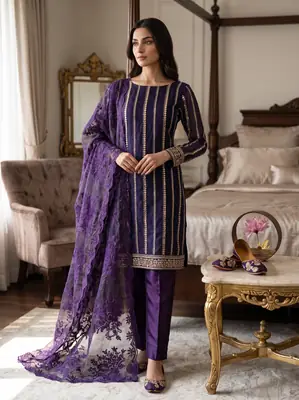 3 Pcs Women's Unstitched Mirror Work Suit