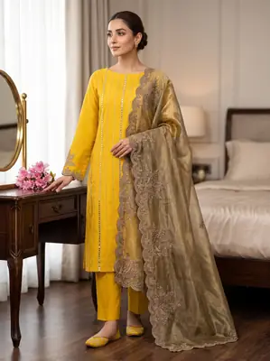3 Pcs Women's Unstitched Mirror Work Suit