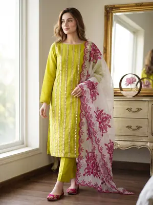 3 Pcs Women's Unstitched Mirror Work Suit
