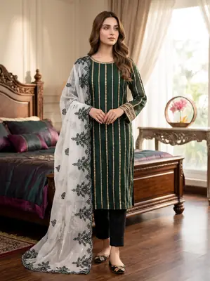 3 Pcs Women's Unstitched Mirror Work Suit