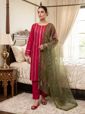 3 Pcs Women's Unstitched Mirror Work Suit