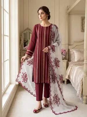 3 Pcs Women's Unstitched Mirror Work Suit