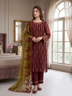 3 Pcs Women's Unstitched Mirror Work Suit
