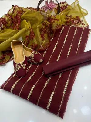 3 Pcs Women's Unstitched Mirror Work Suit thumbnail 2