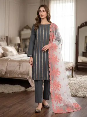 3 Pcs Women's Unstitched Mirror Work Suit