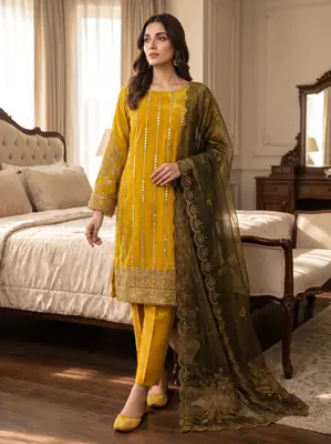 3 Pcs Women's Unstitched Mirror Work Suit