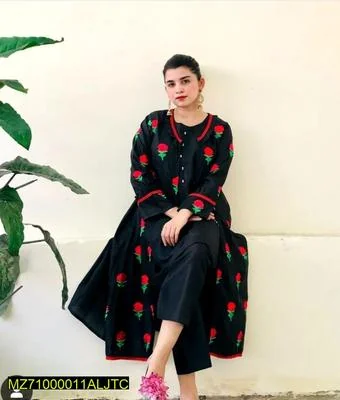 Fancy Stitched Katan Silk Gown with Red Rose Embroidery