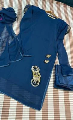 3 Pcs Women's Stitched Chiffon Lace Work Suit thumbnail 2