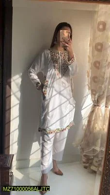 Women Linen 2-Piece Suit White Floral Embroidery Medium thumbnail 4