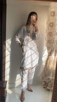 Women Linen 2-Piece Suit White Floral Embroidery Medium