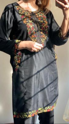 Men Linen Embroidered Suit Medium Black Floral