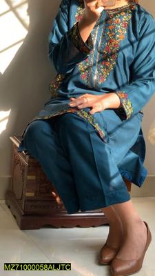 Women Linen Embroidered Suit Blue Medium