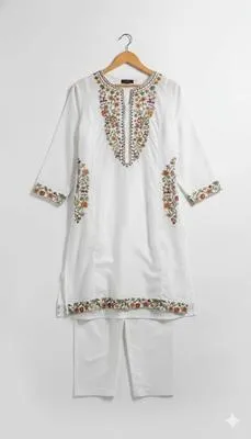 Women White Embroidered Kurta Trousers Set thumbnail 2