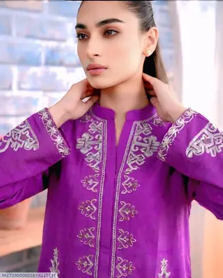 2 Pcs Women's Stitched Lawn Embroidered Shirt And Trouser