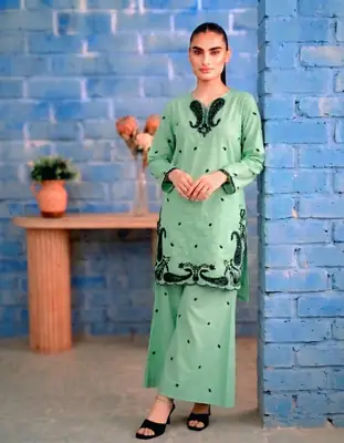 2 Pcs Women's Stitched Lawn Embroidered Shirt And Trouser
