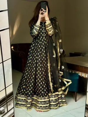 2 Pcs Women's Stitched Silk Printed Frock And Trouser