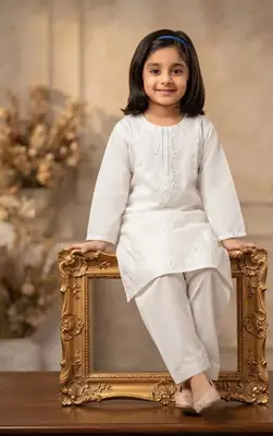 2 Pcs Girl's Cotton Embroidered Kurta And Pajama