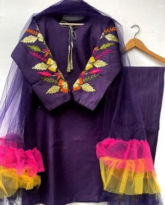 Purple Embroidered Katan Silk 3Pcs Women Suit Medium