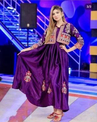 3 Pcs Women's Stitched Fancy Katan Silk Embroidered Maxi