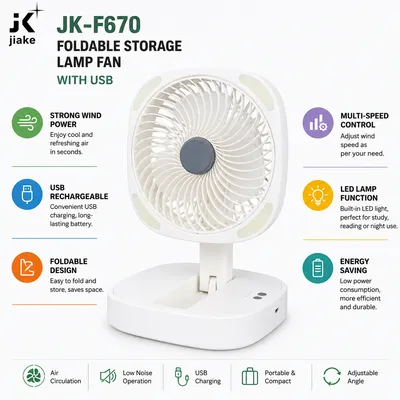 Rechargeable Foldable Storage Fan with LED Light – USB Charging Portable Desk Fan 3 Speed Adjustable thumbnail 3