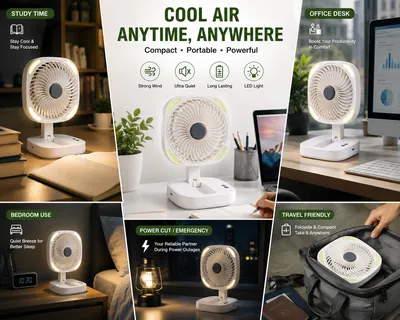 Rechargeable Foldable Storage Fan with LED Light – USB Charging Portable Desk Fan 3 Speed Adjustable thumbnail 8