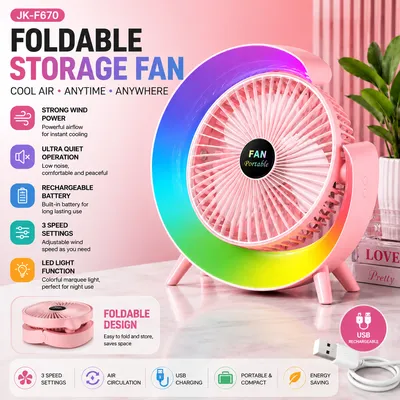 RGB LED Rechargeable Desktop Fan Portable USB Cooling Fan with 3 Speed Modes, 180° Adjustable Angle & Quiet Operation thumbnail 2