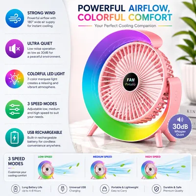 RGB LED Rechargeable Desktop Fan Portable USB Cooling Fan with 3 Speed Modes, 180° Adjustable Angle & Quiet Operation thumbnail 3