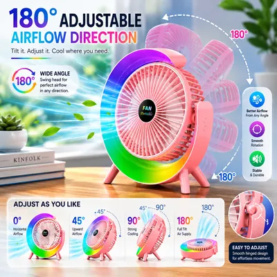 RGB LED Rechargeable Desktop Fan Portable USB Cooling Fan with 3 Speed Modes, 180° Adjustable Angle & Quiet Operation thumbnail 4
