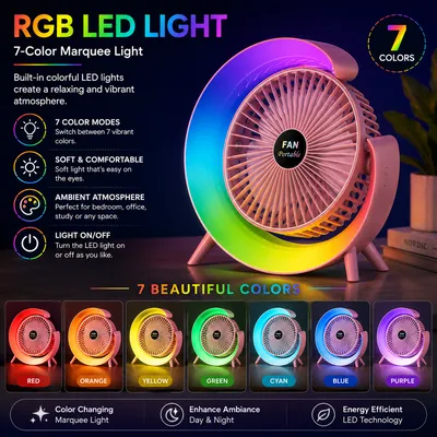 RGB LED Rechargeable Desktop Fan Portable USB Cooling Fan with 3 Speed Modes, 180° Adjustable Angle & Quiet Operation thumbnail 5