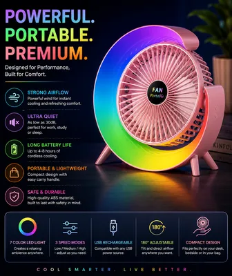 RGB LED Rechargeable Desktop Fan Portable USB Cooling Fan with 3 Speed Modes, 180° Adjustable Angle & Quiet Operation thumbnail 8