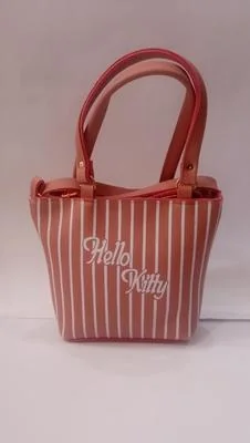 Hello Kitty Rexine Striped Handbag Peach White