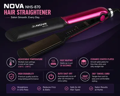 NOVA NHS-870 Professional Hair Straightener | Adjustable Temperature Control | Ceramic Coated Plates | Fast Heating Hair Styling Tool thumbnail 3