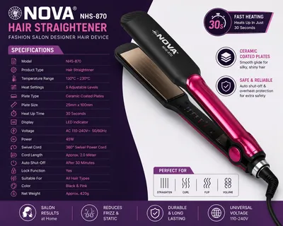 NOVA NHS-870 Professional Hair Straightener | Adjustable Temperature Control | Ceramic Coated Plates | Fast Heating Hair Styling Tool thumbnail 5