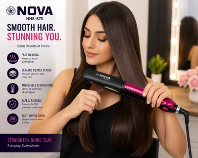NOVA NHS-870 Professional Hair Straightener | Adjustable Temperature Control | Ceramic Coated Plates | Fast Heating Hair Styling Tool thumbnail 7