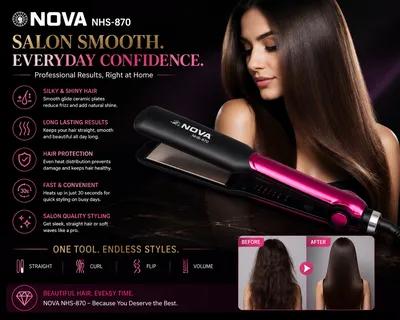 NOVA NHS-870 Professional Hair Straightener | Adjustable Temperature Control | Ceramic Coated Plates | Fast Heating Hair Styling Tool thumbnail 8