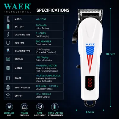 WAER WA-2092 Professional Rechargeable Hair Clipper with LED Display thumbnail 4