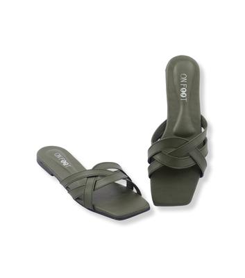Green Rexine Crisscross Slides for Women