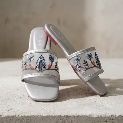 Celeste Embroidered Silver Sliders Women's Casual Formal Wear thumbnail 3