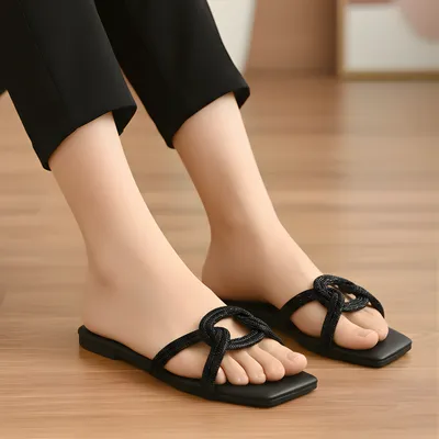 Women's Black Rexine Fancy Flats Size 36-41 thumbnail 2