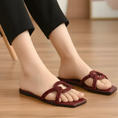 Maroon Grace Knot Women's Flat Sandals Size 36-41 thumbnail 2