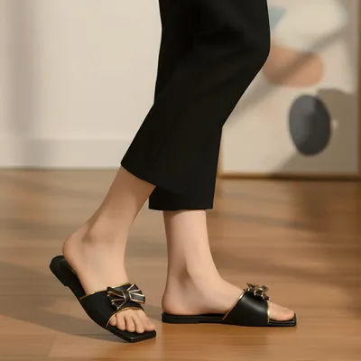 Women's Black Bow Flat Sandals Size 36-41 thumbnail 2
