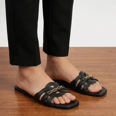Women's Black Rexine Cross Slides with Rhinestone Chain thumbnail 2