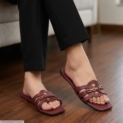 Maroon Ruby Chain Cross Slides for Women