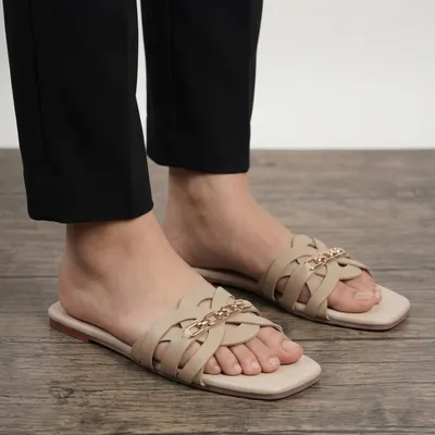 Women's Beige Rexine Cross Slides with Rhinestone Chain thumbnail 2