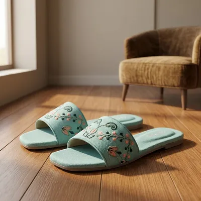 Women's Sea Green Threadwork Slides Size 36-41 thumbnail 3