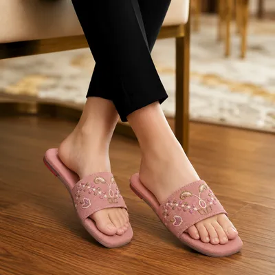 Women's Pink Threadwork Casual Slides Size 36-41 thumbnail 2